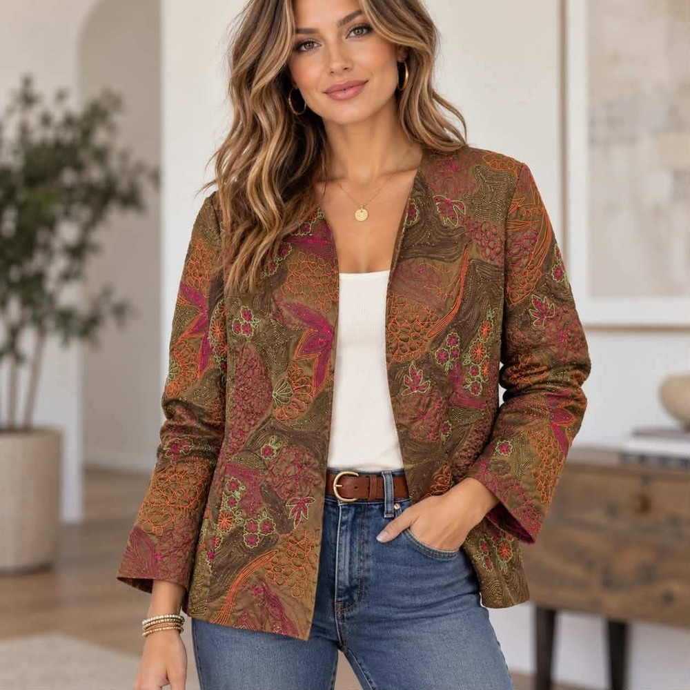 Chico's Size 2 L Brown Embroidered Floral Jacket Boho Art to Wear